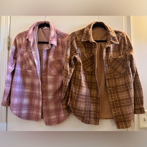 Two Women’s Beachlunchlounge Brushed Fleece Flannel Shirts Pink Brown Small S